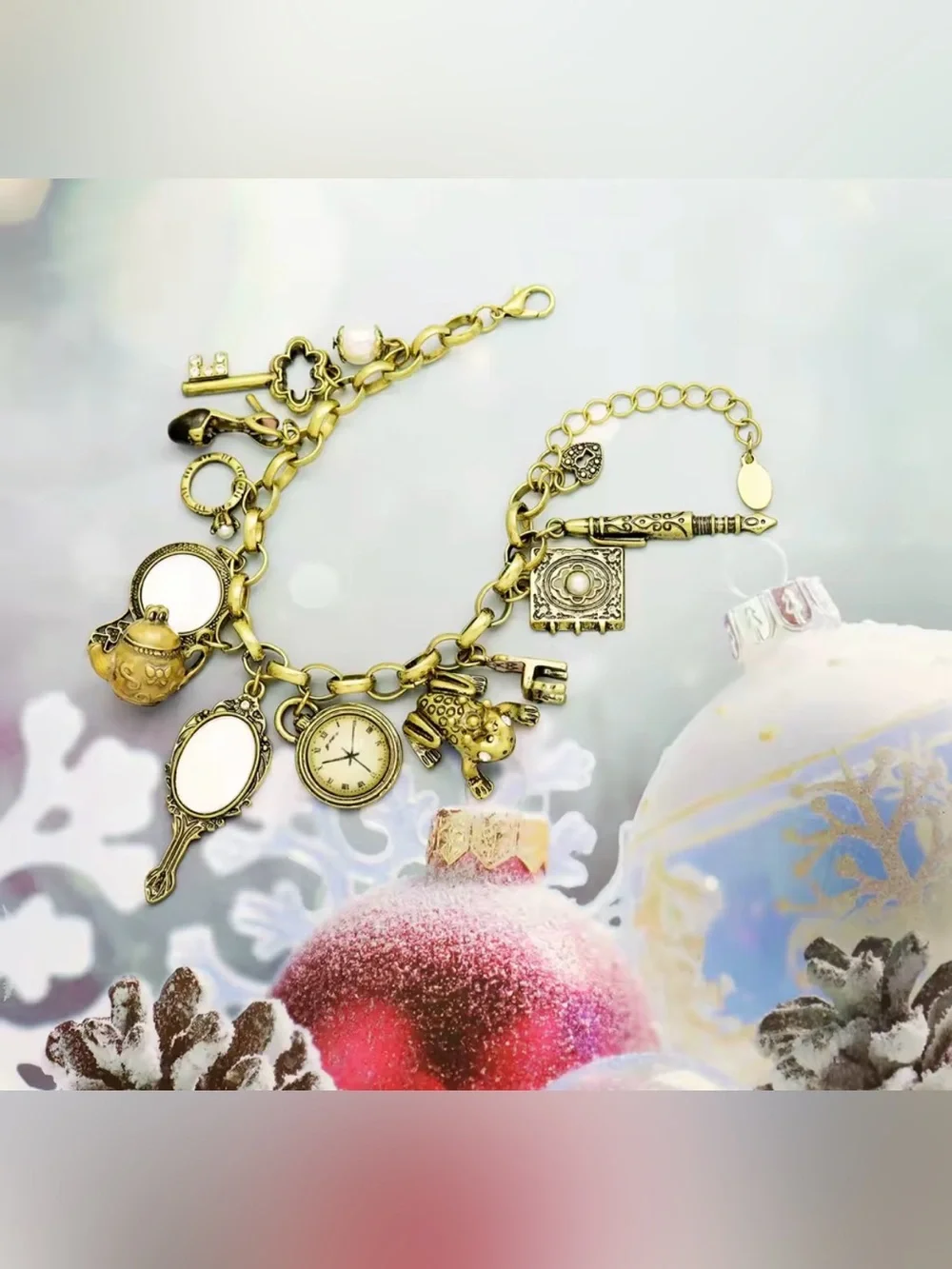 Gold Charm Bracelet with Watch and Tea Set Charms